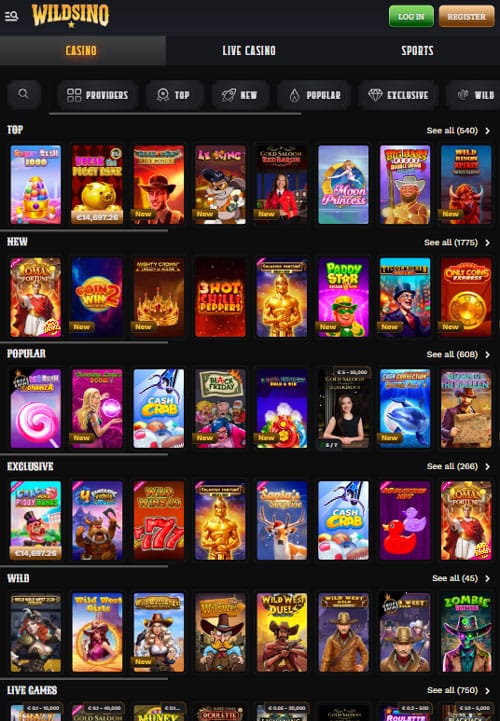 Wildsino Game Library on Mobile